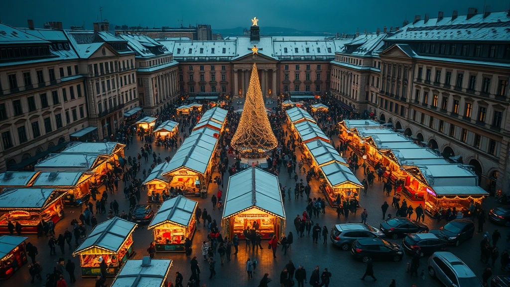 Aerial overhead view of crowded Christmas market in European city square at dusk, thousands of visitors walking between illuminated vendor stalls with warm golden lighting and festive decorations, snow-covered buildings in background, cinematic retail atmosphere