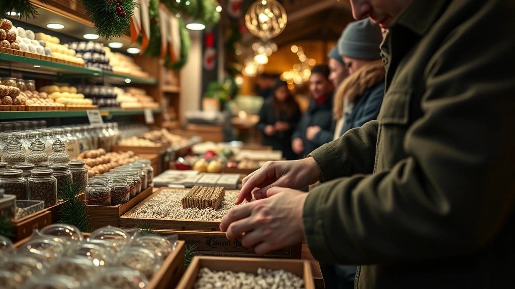 Close-up of vendor preparing premium artisanal products at Christmas market stall, hands crafting handmade goods, customers browsing shelves in soft warm lighting, authentic holiday commerce scene with quality merchandise display