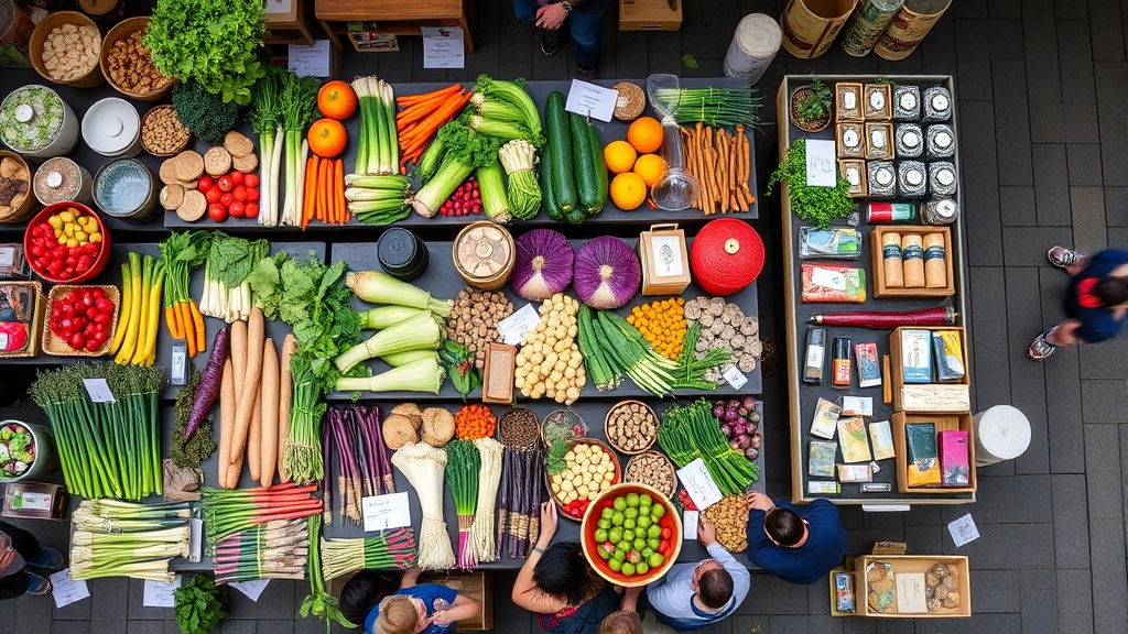 Overhead shot of artisanal products including locally-sourced vegetables, craft items, and specialty goods arranged on market vendor tables with customers browsing and selecting items
