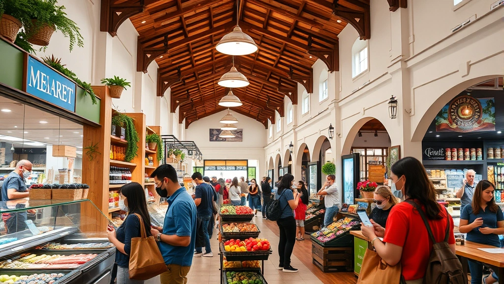 Modern colonial-style market interior showing both physical retail space and digital integration points, with customers using mobile devices, QR codes visible, and community gathering areas in background