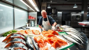 Professional fishmonger arranging fresh ice-packed salmon fillets and whole fish in a modern market display case, bright overhead lighting reflecting off gleaming seafood, white aprons and stainless steel surfaces