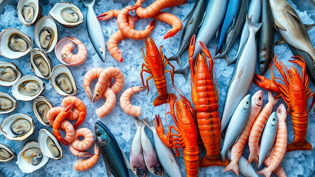Overhead view of diverse fresh seafood including oysters, shrimp, lobster, and various fish species arranged on crushed ice with proper spacing, professional market presentation, cool blue tones