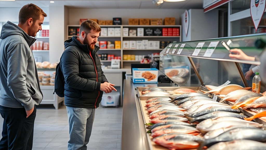 Customer interaction scene at fish market counter with knowledgeable staff member preparing fresh fish, customer pointing at display case, professional market environment with clean tile flooring and organized shelving behind