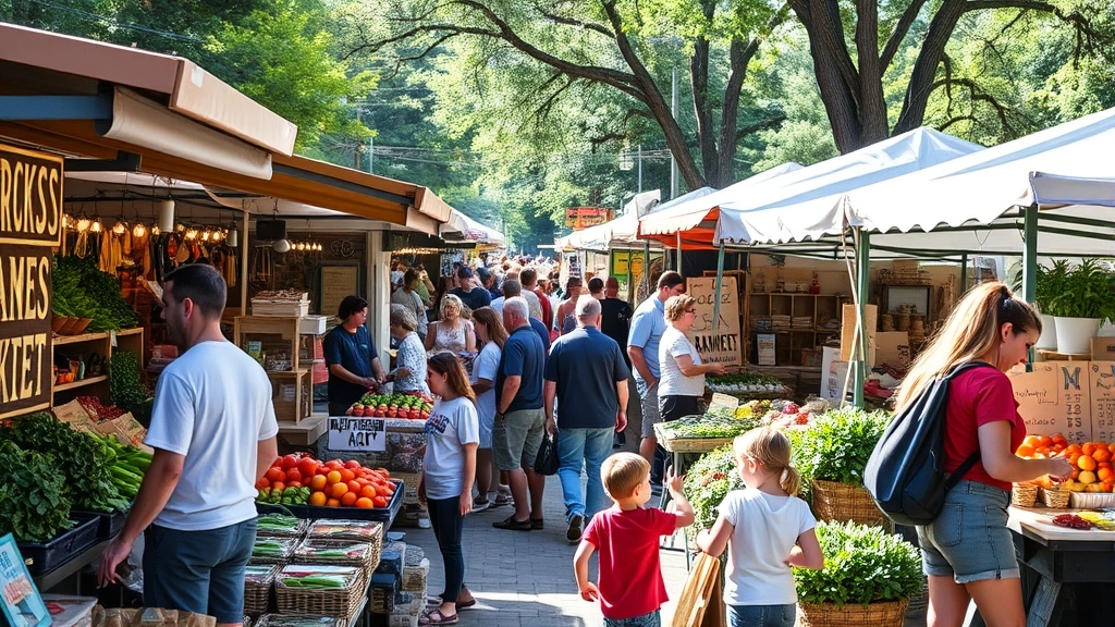 Bustling outdoor farmers market with diverse vendors selling fresh produce, artisanal goods, and prepared foods; customers shopping at various booths with wooden signage; natural lighting, community atmosphere, diverse age groups interacting