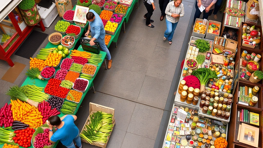 Overhead view of colorful market vendor displays featuring fresh vegetables, flowers, jars of preserves, handmade crafts, and packaged goods arranged on tables; customers browsing and shopping; vibrant, organized marketplace scene