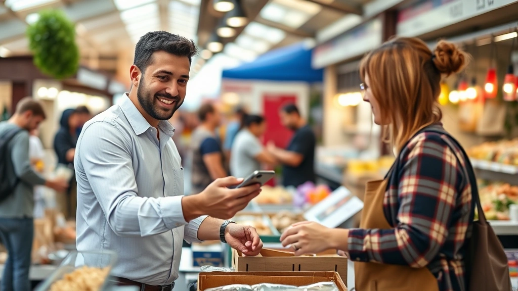 Small business owner at market booth accepting mobile payment from customer; vendor smiling while packaging product; busy market background with other shoppers and vendor booths; professional, welcoming commerce interaction