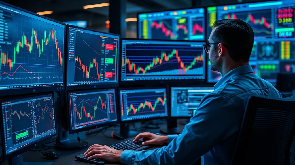 Photorealistic image of a professional trader analyzing multiple computer monitors displaying real-time stock charts, candlestick patterns, and technical indicators with glowing lines and data visualizations, modern financial trading floor atmosphere