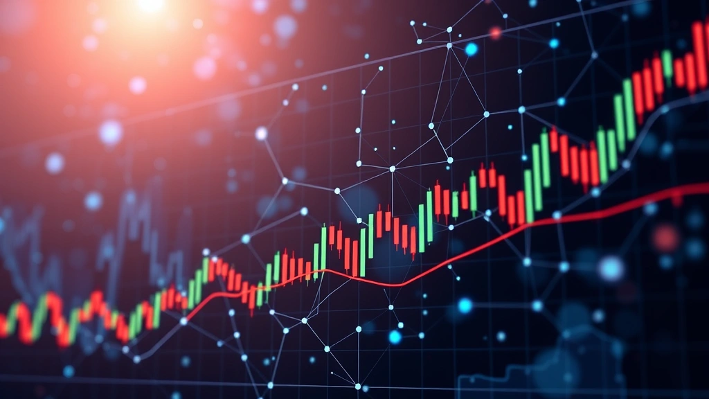 Photorealistic visualization of abstract neural network nodes and connections overlaid on a dynamic stock market chart with upward trending candlesticks, representing deep learning algorithms processing financial data