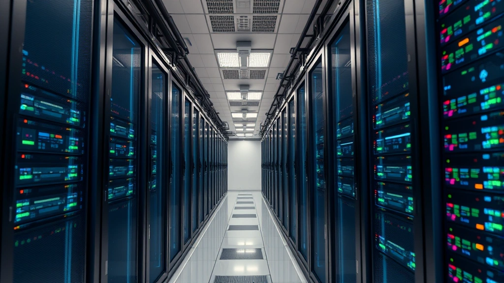 Photorealistic image of a sophisticated data center with rows of high-performance computing servers and network infrastructure, representing the computational power required for real-time CNN-based algorithmic trading systems