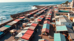 Aerial view of a bustling coastal market with colorful vendor booths, shoppers browsing, ocean visible in background, natural daylight, vibrant community atmosphere