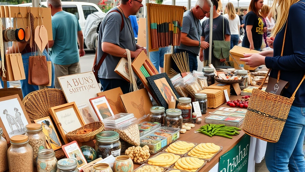 Close-up of artisanal products displayed on market vendor table including handcrafted goods, local food items, and unique merchandise with customers examining items