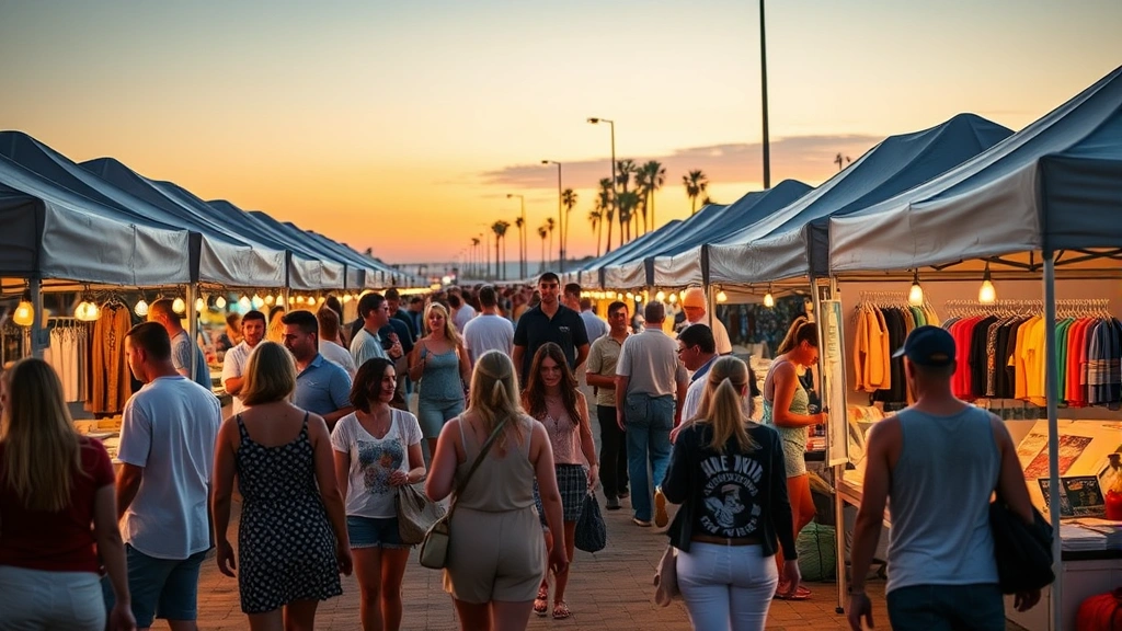 Diverse group of customers shopping at outdoor beach market with vendor tents, sunset lighting, beachside location, authentic marketplace energy and community engagement