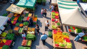 Overhead view of vibrant farmers market outdoor setting with multiple vendor stalls displaying colorful fresh produce, customers browsing, wooden tables with vegetables and fruits, natural daylight, busy weekend morning atmosphere