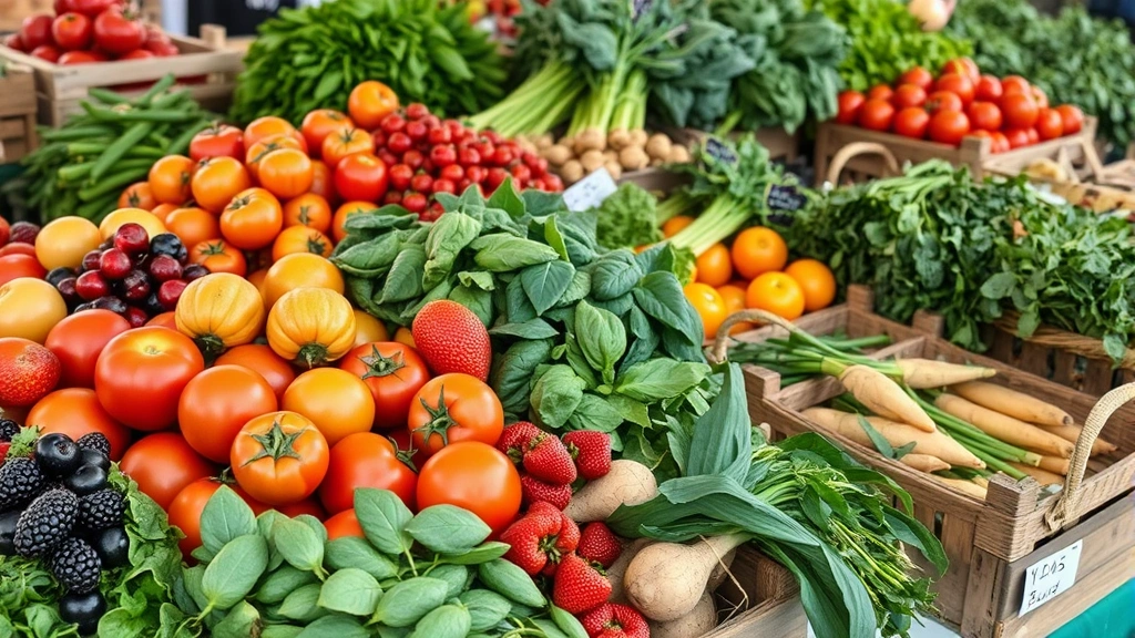 Close-up of diverse fresh produce at farmers market including heirloom tomatoes, berries, greens, root vegetables, and herbs arranged in wooden crates and baskets, professional retail display style, natural lighting