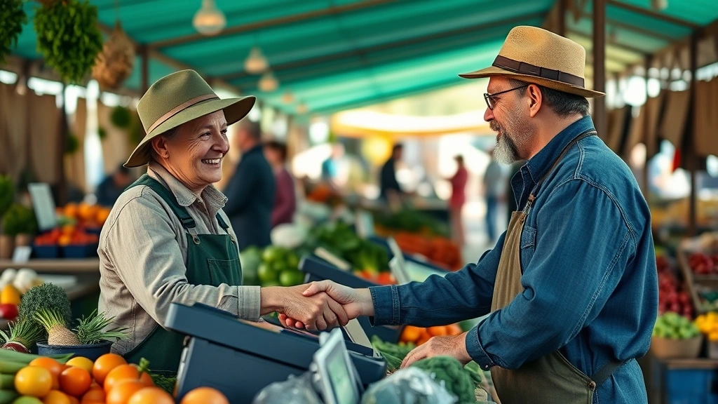 Farmer vendor at market stand smiling while serving customer, exchanging fresh produce, cash register visible, community marketplace background with other stalls, authentic agricultural commerce moment, warm natural lighting