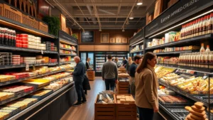 Upscale specialty grocery store interior with organized product displays, warm lighting, and customers browsing European imported foods section with cheese and charcuterie visible