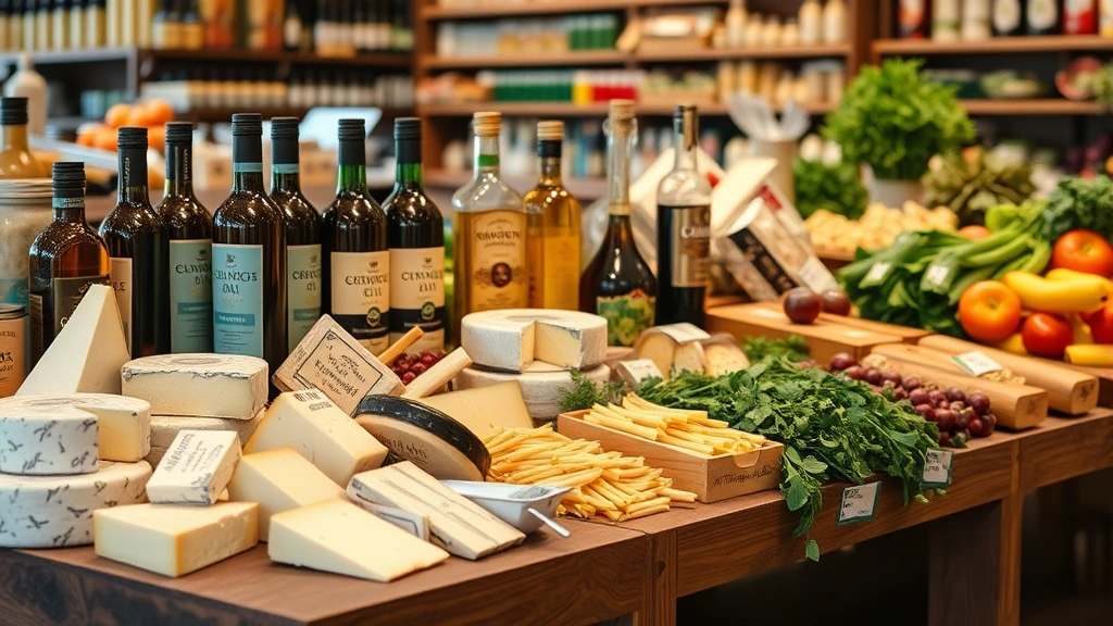 Close-up of gourmet grocery products including imported European cheeses, artisanal oils, specialty pastas, and fresh produce arranged on wooden display tables