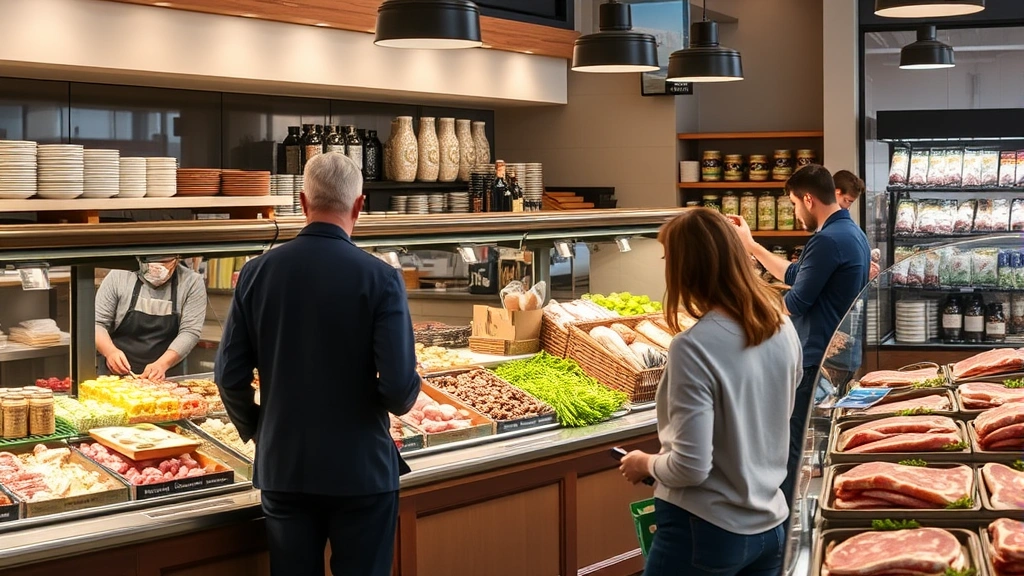 Professional deli counter at specialty market with staff member preparing fresh items behind glass, premium products displayed, and customers selecting prepared foods and specialty meats