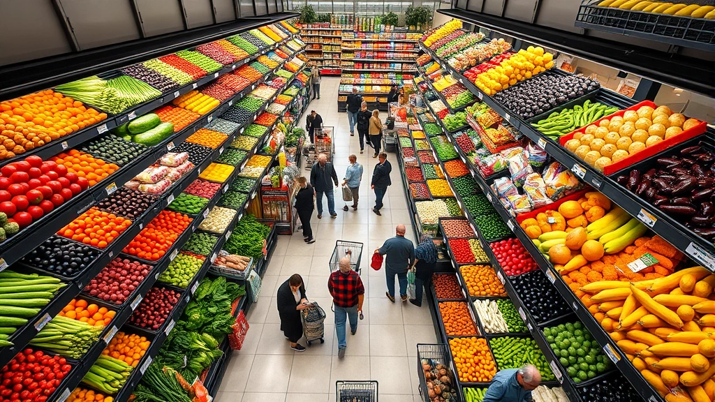 Overhead view of a grocery store produce section with colorful fresh vegetables and fruits displayed on tiered shelves, shoppers with carts browsing, natural lighting from above, modern supermarket setting
