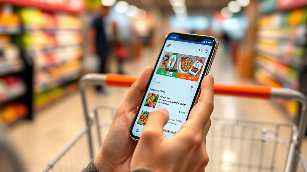 Close-up of a shopper's hands holding a mobile phone displaying a grocery app with digital coupons and loyalty card information, shopping cart visible in blurred background, warm indoor lighting