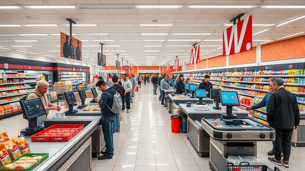 Wide shot of a grocery store checkout area with multiple lanes, self-checkout stations, staff processing transactions, customers in line, modern retail environment with clean floors and organized displays