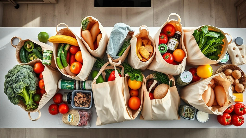 Professional overhead view of organized grocery shopping bags with fresh produce, dairy products, and packaged goods displayed on a modern kitchen counter, natural lighting highlighting product freshness and variety