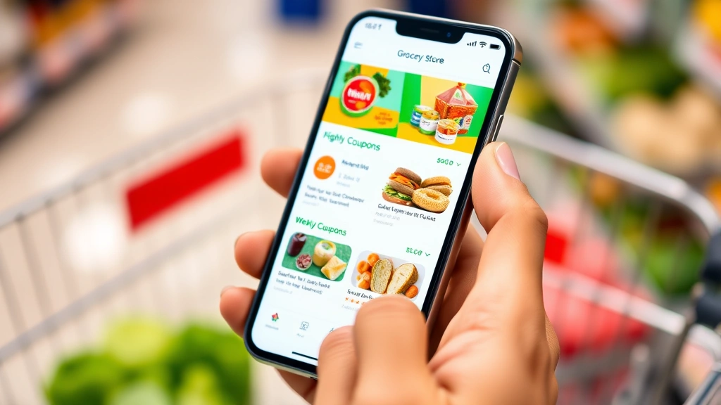 Close-up of a customer's hands holding a smartphone displaying a grocery store mobile app with digital coupons and weekly promotions highlighted, shopping cart visible in blurred background