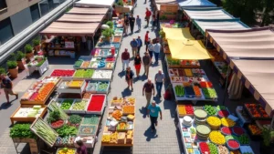 Overhead view of a vibrant farmers market with diverse vendor stalls displaying fresh produce, artisan goods, and colorful products arranged on tables, with customers browsing between stalls on a sunny day