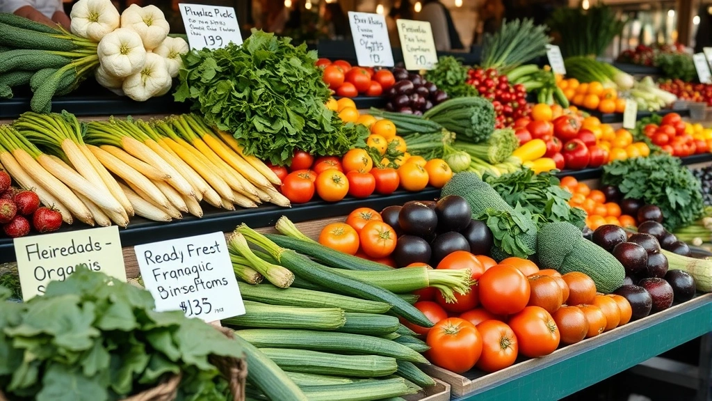 Close-up of a farmers market vendor arranging fresh organic vegetables and heirloom produce varieties on display shelves, with professional signage showing prices and product information