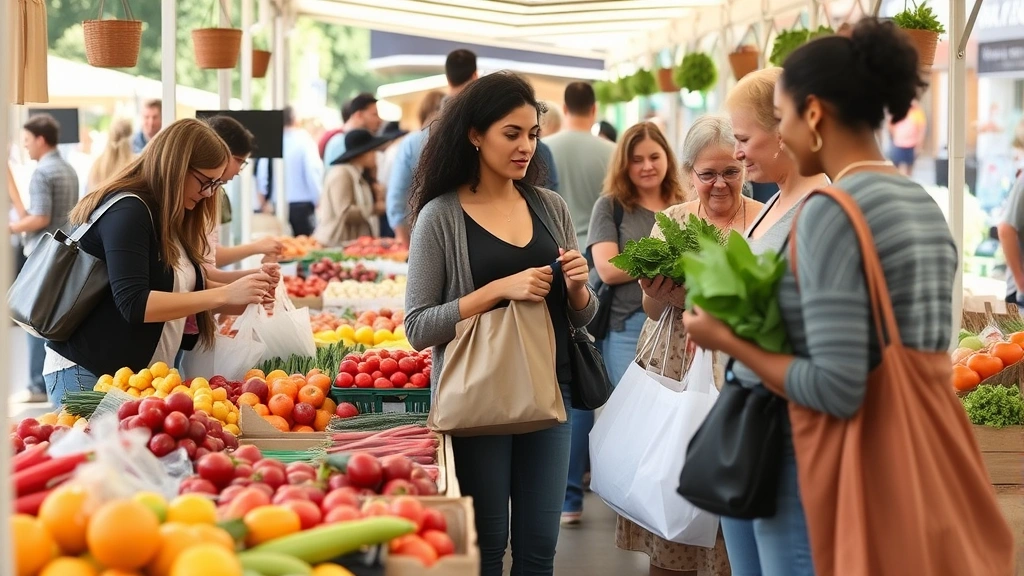 Diverse group of farmers market customers selecting fresh fruits and vegetables from vendor stalls, holding reusable shopping bags, engaged in conversation with vendors, natural daylight illuminating the market scene
