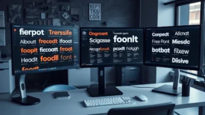 Professional designer workspace with multiple computer monitors displaying different font variations and typography samples, clean minimalist desk with design tools, soft natural lighting from window, modern office environment