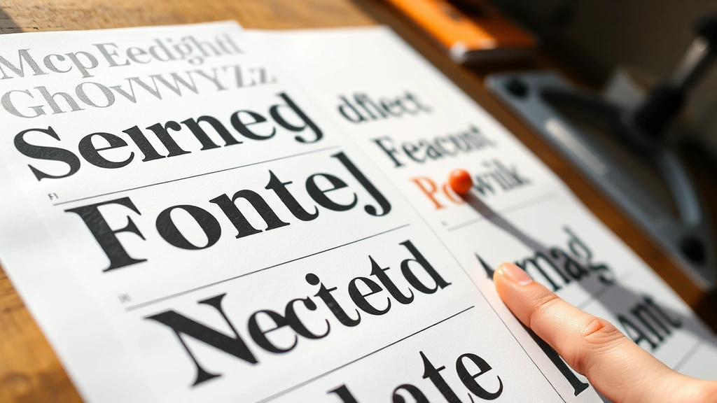 Close-up of typography samples showing serif and sans-serif fonts side by side on white paper, professional design studio setting, natural daylight illuminating letterforms, designer's hand pointing to font details