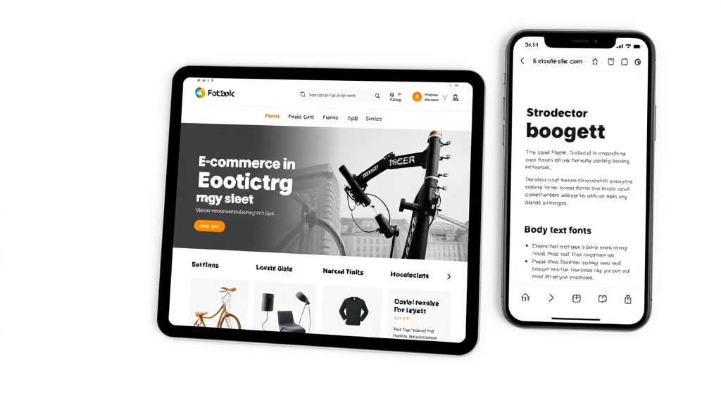 E-commerce website mockup on tablet and smartphone showing different fonts in action, product pages with headlines and body text, clean digital storefront design, modern devices displaying responsive typography