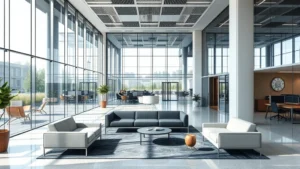Modern commercial office building lobby with contemporary furniture, glass partitions, collaborative workspaces, natural lighting, professional business environment, no signage or text visible