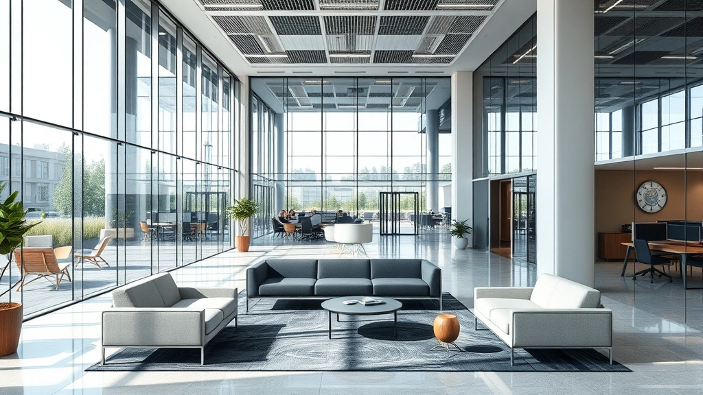 Modern commercial office building lobby with contemporary furniture, glass partitions, collaborative workspaces, natural lighting, professional business environment, no signage or text visible