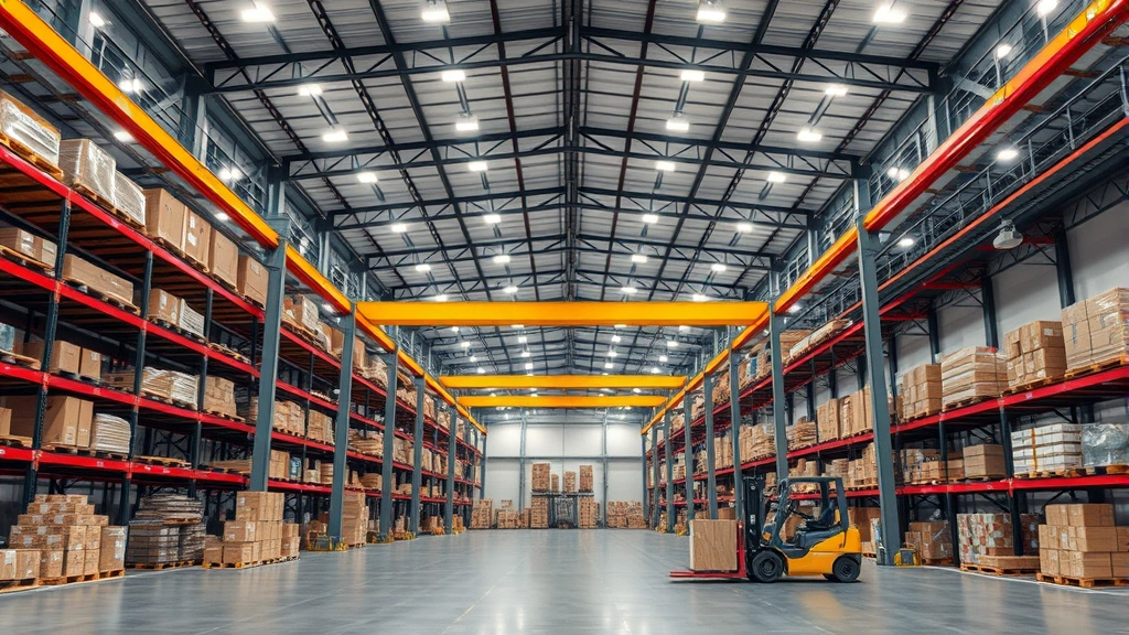 Large-scale industrial warehouse facility with high ceilings, organized storage systems, forklift equipment, modern lighting infrastructure, logistics operations setting, photorealistic