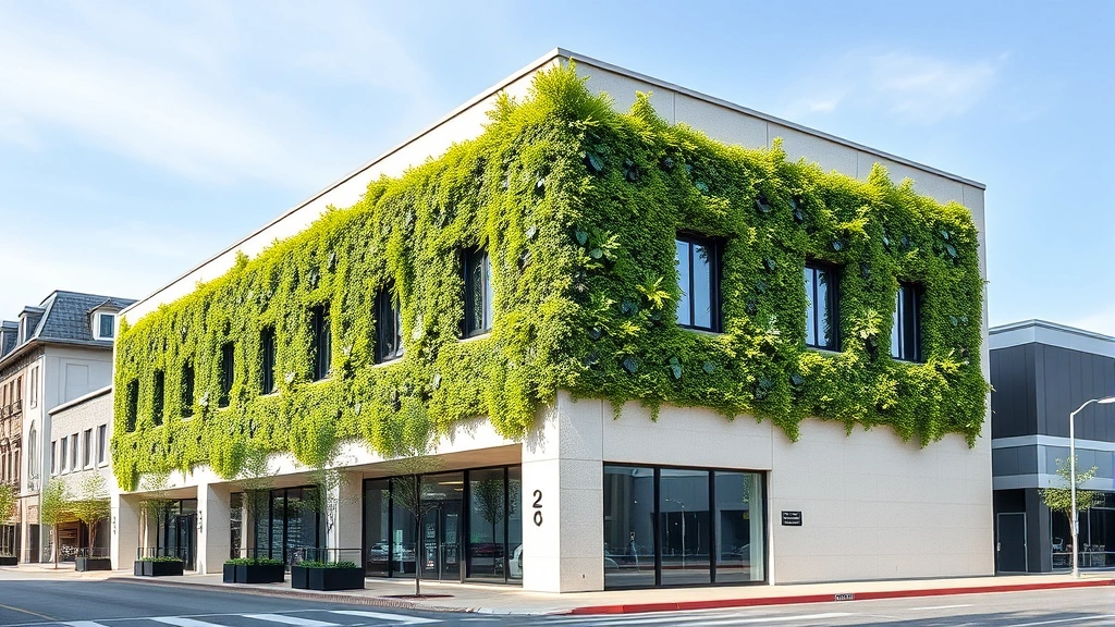 Contemporary sustainability-focused commercial building exterior with green walls, solar panels, modern architecture, professional business district setting, clean environment, no visible text or signage