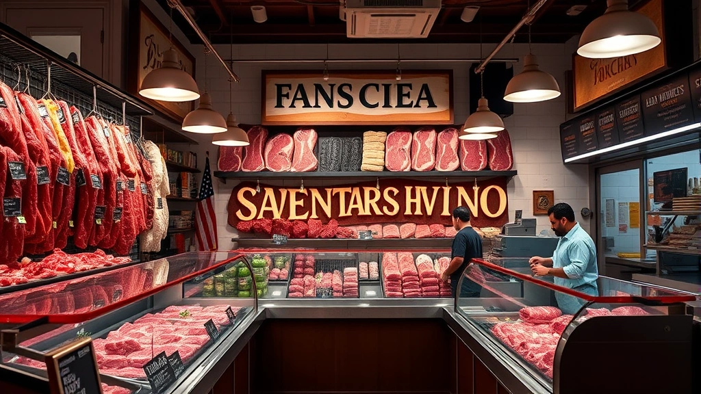 Puerto Rican butcher shop interior with fresh meat displays, professional lighting highlighting premium cuts, organized counter with knowledgeable staff serving customers, wooden signage and traditional business aesthetic, vibrant community atmosphere