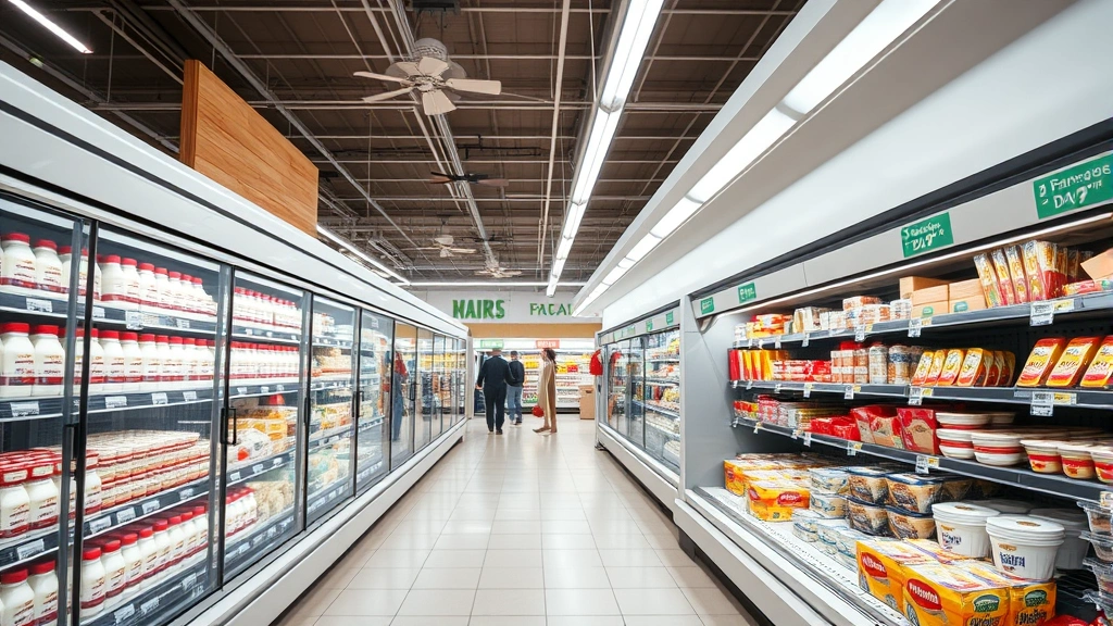 Wide-angle shot of a modern grocery store dairy section with refrigerated cases displaying milk, yogurt, cheese, and specialty products, bright fluorescent lighting, customers shopping in background