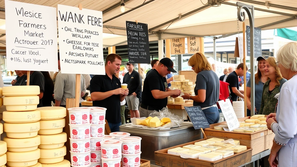 Farmers market scene showing dairy vendor stall with artisanal cheeses, local yogurt containers, fresh butter, and handwritten signs displaying prices, vendors interacting with customers