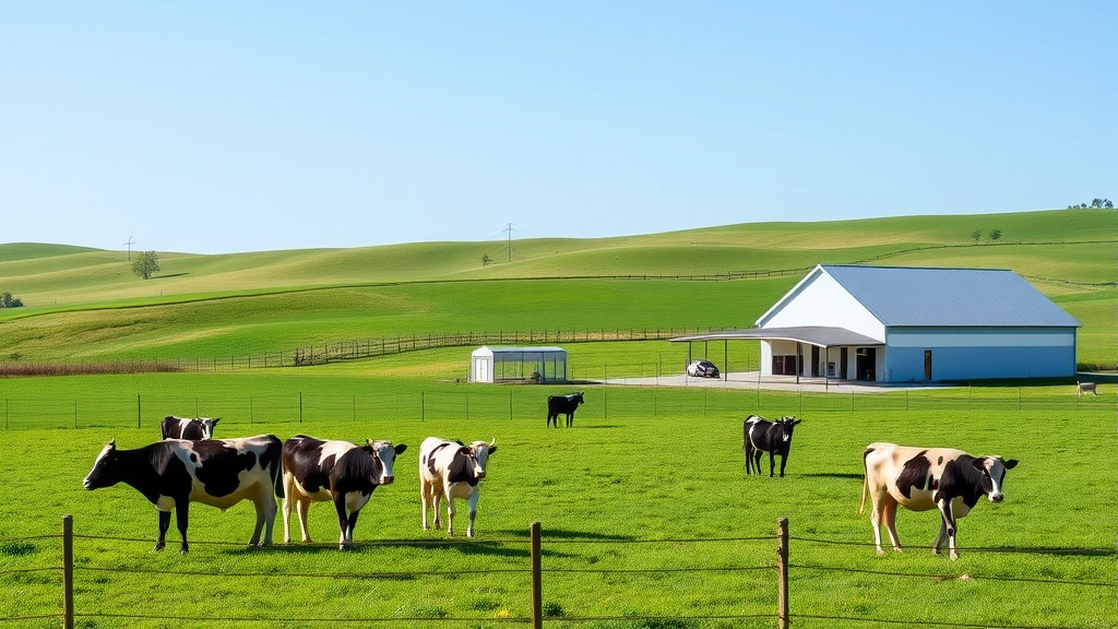 Rural dairy farm landscape with grazing cattle in green pasture, modern barn structure, fencing, blue sky, rolling hills, representing local agricultural production