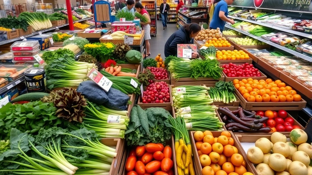Overhead view of a busy Asian grocery store produce section with fresh vegetables, leafy greens, and specialty Asian fruits arranged in wooden crates and displays, customers shopping in background