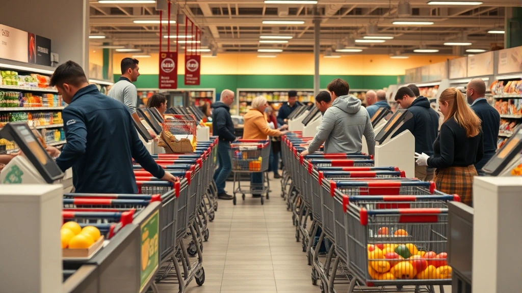 Close-up of a modern grocery store checkout counter with multiple lanes, cashiers processing transactions, customers with full shopping carts waiting, warm professional lighting