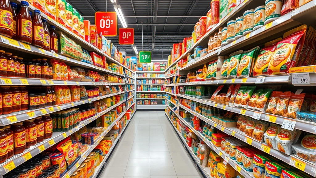 Wide shot of a well-organized Asian supermarket aisle featuring packaged sauces, noodles, spices and specialty Asian products neatly stocked on shelves with price signs visible