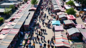 Aerial view of crowded outdoor flea market with colorful vendor booths, merchandise displays, and diverse shoppers walking between rows, natural daylight, busy weekend atmosphere