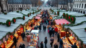 Overhead view of a bustling outdoor Christmas market in Washington DC with colorful vendor stalls, holiday wreaths, twinkling lights, and shoppers browsing merchandise displayed on tables