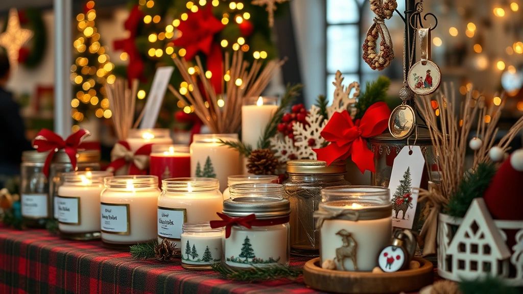Close-up of artisan holiday goods including handmade candles, jewelry, and decorative items displayed on a vendor booth table with warm lighting and festive backdrop