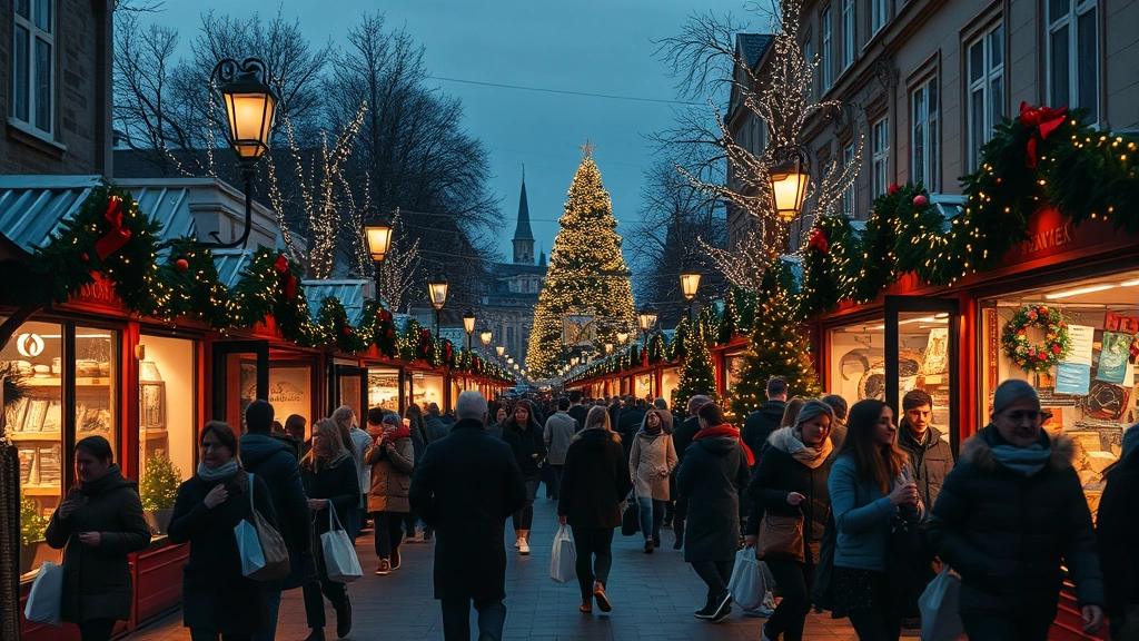 Evening scene of a crowded holiday market with illuminated storefronts, shoppers carrying bags, decorated trees, and atmospheric holiday lighting creating warm festive ambiance