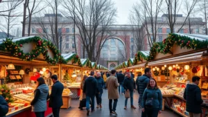 Wide-angle shot of bustling outdoor holiday market with multiple vendor booths, shoppers browsing merchandise, festive decorations, professional lighting setup, daytime activity, urban DC setting with buildings visible