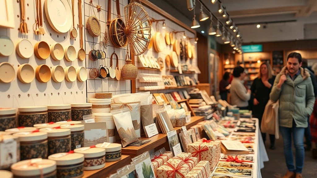 Close-up of vendor booth featuring neatly organized handmade crafts, artisanal products, professional display fixtures, warm lighting, gift-wrapped items visible, customer browsing in background, retail environment
